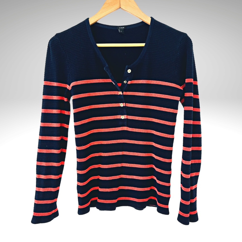 J.CREW Striped Long Sleeve Thermal Sweater Waffle Knit Henley Size Medium